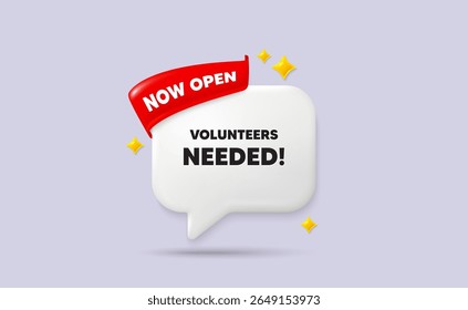 Os voluntários precisavam de balões de conversação. Agora abra a faixa de opções. Os voluntários precisavam de etiqueta. Sinal de serviço de voluntariado. Símbolo de trabalho beneficente. Bolha de fala de estrelas cintilantes 3d. Vetor