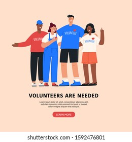 Volunteers needed flat colorful vector illustration for web banners, infographics, landing pages, advertising .Group of young men and women standing together