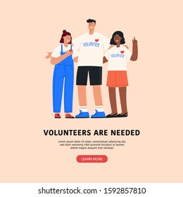 Volunteers needed flat colorful vector illustration for web banners, infographics, landing pages, advertising. Group of young men and women standing together