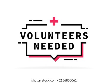 Volunteers needed geometric pixel message bubble with cross emblem. Banner design for help and support. Vector illustration.