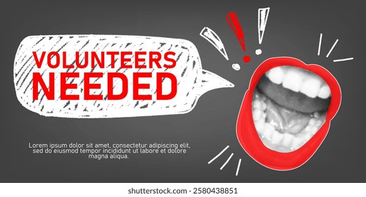 Volunteers needed. Halftone collage banner. Human mouth open in a scream and saying. Donation, charity and care concept. Trendy vector design 