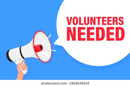 Volunteers needed. Hand hold megaphone speaker for announce. Attention please. Shouting people, advertisement speech symbol