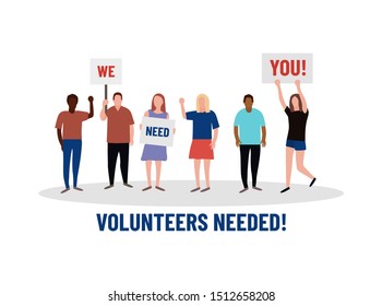 Volunteers needed illustration with People crowd with banners. We need you! svg