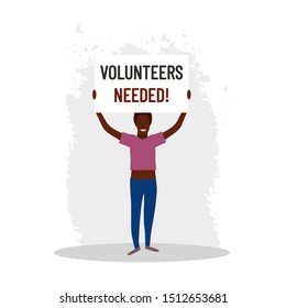 Volunteers needed illustration with woman and banner in hands.We need you! Protest, manifest