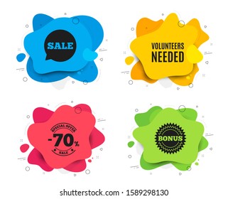 Volunteers needed. Liquid shape, various colors. Volunteering service sign. Charity work symbol. Geometric vector banner. Volunteers needed text. Gradient shape badge. Vector