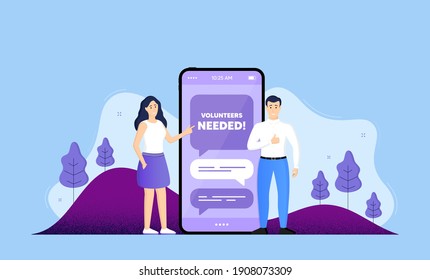 Volunteers needed. Phone online chatting banner. Volunteering service sign. Charity work symbol. Volunteers needed chat bubble. Mobile phone with characters of people. Cellphone chat messages. Vector svg