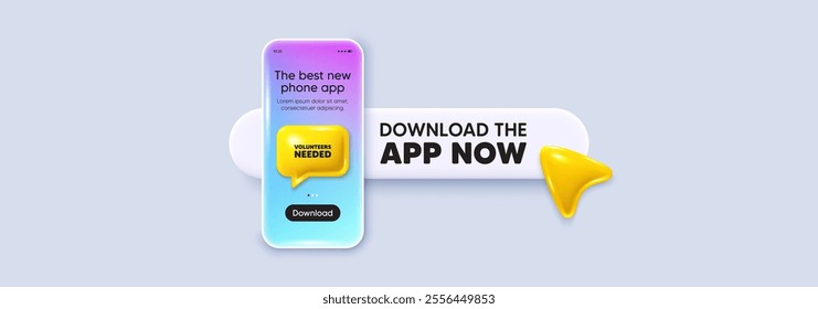 Volunteers needed tag. Download the app now. Phone mockup screen. Volunteering service sign. Charity work symbol. Phone download app search bar. Volunteers needed text message. Vector