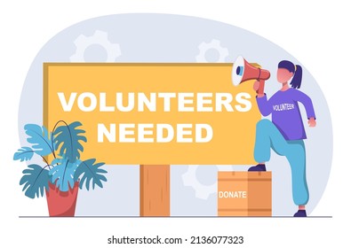 Volunteers needed. Volunteering. Volunteer organization is recruiting volunteers. Girl with a mouthpiece says she needs volunteers. svg