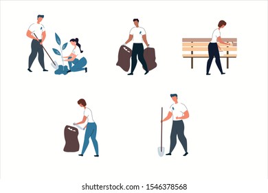 Volunteers on a white background, set happy men and women collect garbage, girl plants a tree, vector illustration cartoon style. Flat cartoon colorful vector illustration isolated