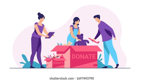 Volunteers packing donation boxes. People donating toys, foods, sweets. Vector illustration for charity, welfare, assistance concept