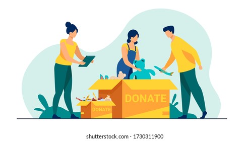 Volunteers packing donation boxes. People donating toys, foods, sweets. Vector illustration for charity, welfare, assistance concept