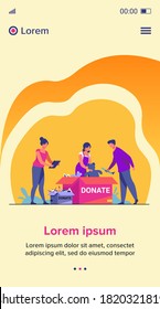 Volunteers packing donation boxes. People donating toys, foods, sweets. Vector illustration for charity, welfare, assistance concept