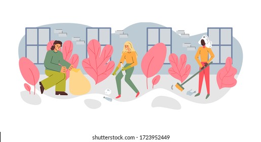 Volunteers people characters cleaning street sketch vector illustration isolated.