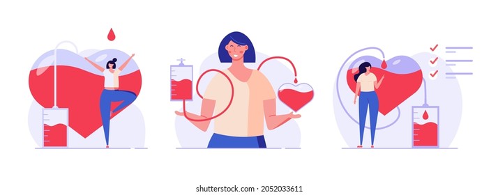 Volunteers People Donating Blood. Donor Woman Standing With Heart. Concept Of Donation, World Blood Donor Day, Plasma. Vector Illustration In Flat Design For Background, Banner, Card