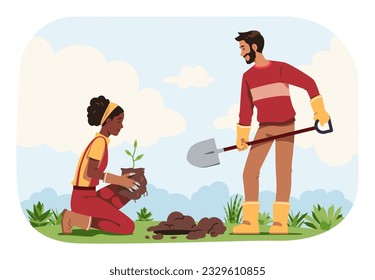 Volunteers people planting tree seedling. Man, woman persons taking care of plant growth, nature ecology together. Environment, environmental conservation, garden cultivation flat vector illustration