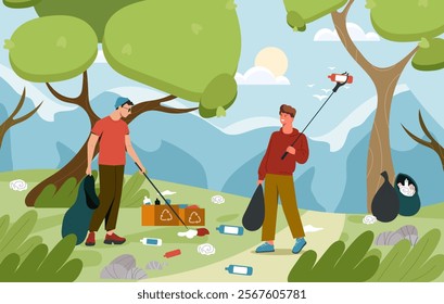 Volunteers pick trash. Men collecting trash in park. Caring for ecology and environment. Plastic garbage in forest. Eco activities clear nature of garbage. Flat vector illustration