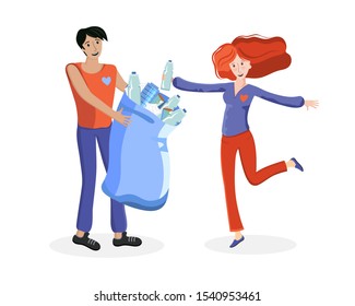 Volunteers picking up plastic garbage into bags outdoor. People collecting trash. Volunteering, ecology, environment concept. Cartoon flat illustration. Sorting and recycling waste. Nature cleanup.