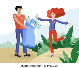 Volunteers picking up plastic garbage into bags outdoor. People collecting trash. Volunteering, ecology, environment concept. Cartoon flat illustration. Sorting and recycling waste. Nature cleanup.