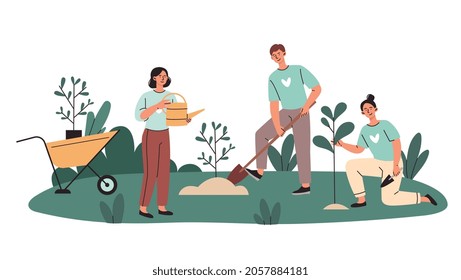 Volunteers plant trees concept. Men and women engaged in greening planet. Caring for nature and environment. Kind people water plants. Cartoon flat vector illustration isolated on white background