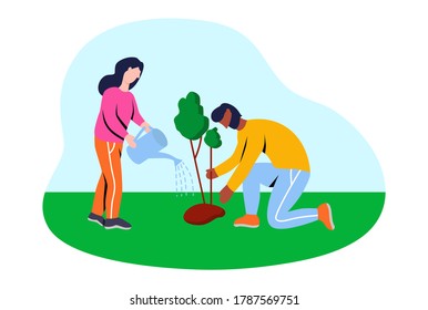Volunteers plant trees. Flat vector illustration.