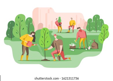 Volunteers Plant A Trees In The Park And Put Garbage In Bags. Young People Care About The Environment. Vector Illustration In A Flat Style