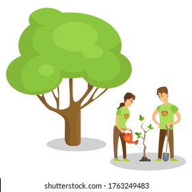 Volunteers planting tree cartoon style people isolated. Vector man with shovel digging ground and woman with watering can waters plant at spring time