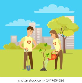 Volunteers planting tree in city park. Vector man with shovel digging ground and woman with watering can waters plant at spring time, cityscape background