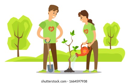 Volunteers planting trees isolated. Vector man with shovel digging ground and woman with watering can waters plant at spring time, cartoon characters