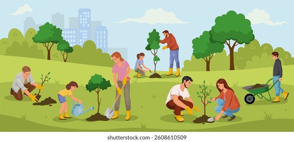 Volunteers planting trees in a park on a sunny day. Vector illustration