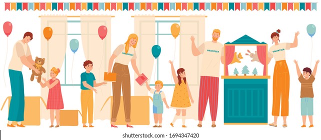 Volunteers Play With Children And Give Presents To Kids In Orphanage Or School, Vector Illustration. People Charity Activists, Volunteering Men And Women Bring Gifts To Happy Children, Volunteer Team