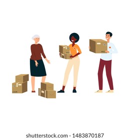 Volunteers provide help to elderly and needy people vector illustration isolated on white background. Voluntary free assistance and charity work with senior people concept.
