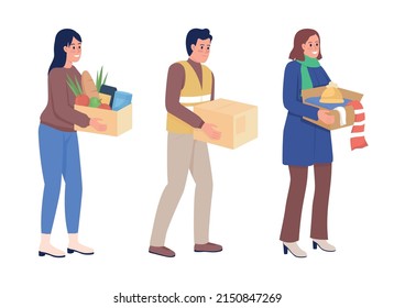 Volunteers providing humanitarian aid semi flat color vector character set. Happy figures. Full body people on white. Simple cartoon style illustration collection for web graphic design and animation