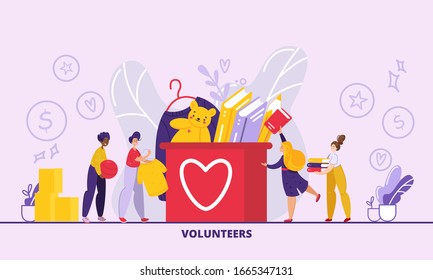 Volunteers put toys, books and clothes in a box. Vector illustration. Webpage design.