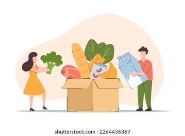 Volunteers putting food in donation box, flat vector illustration isolated on white background. Man and woman collecting donated food - milk, bread, meat, canned food and vegetables.