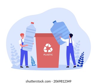 Volunteers putting plastic bottles into container together. Tiny people sorting garbage flat vector illustration. Protection of environment concept for banner, website design or landing web page
