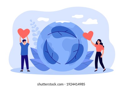 Volunteers with red hearts saving nature and planet. Zero waste, recycling, pollution reduction vector illustration. Green lifestyle, eco friendly world concept