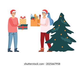 Volunteers in santa hats holding donation box with food and holiday presents for christmas charity. Social charitable foundation for aid to needy people. Vector flat illustration
