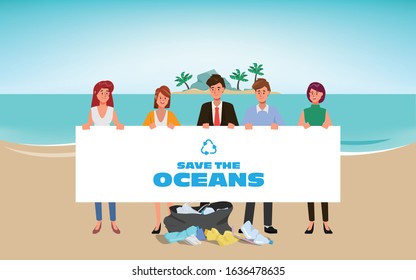 Volunteers save the oceans of plastic pollution. Waste on the beach. Stop plastic poster banner background.
