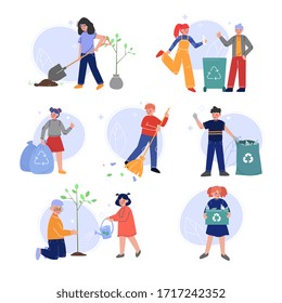 Voluntarios protegiendo y salvando el medio ambiente de los grupos de contaminación, niños adolescentes y niñas plantando árboles y recolectando desechos plásticos para reciclar vectores Ilustración