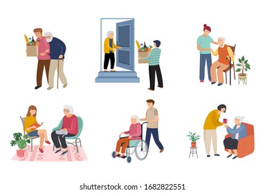 Volunteers series - young people taking care of seniors people. Helping with household chores, walking, reading books, bringing the grocery, pushing the wheelchair. 