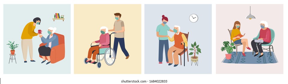 Volunteers series - young people taking care of seniors people. Helping with household chores, walking, reading books, bringing the grocery, pushing the wheelchair.  - Shutterstock ID 1684022833