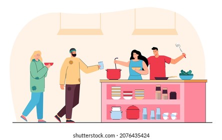 Volunteers serving food in night shelter for homeless people. Man and woman pouring warm meal for poor beggars in refectory flat vector illustration. Almshouse, emergency, home for bums concept