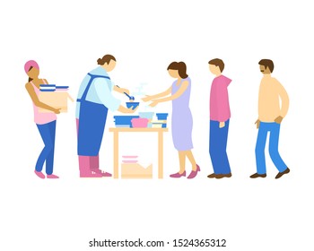 Volunteers serving food to people in need. Charity and humanitarian aid. Food sharing.Flat vector illustration.
