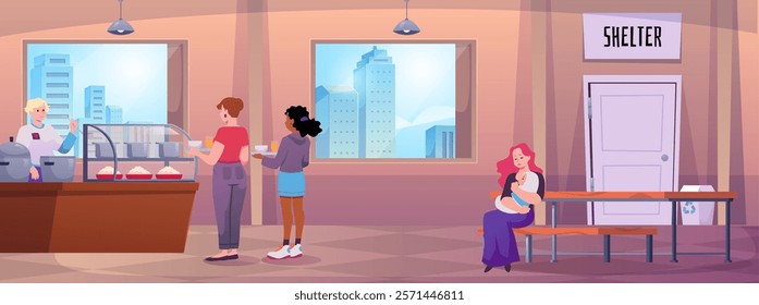 Volunteers serving food in shelter for homeless people. Woman pouring warm meal for poor people in refectory, mother with newborn flat vector illustration. Emergency humanitarian support concept