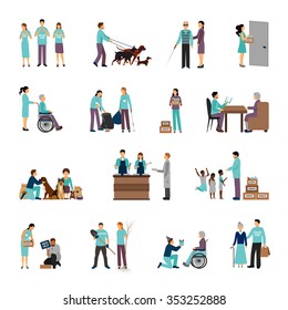 Volunteers set with people helping seniours social support flat icons isolated vector illustration