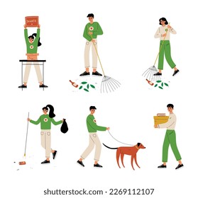 Volunteers set. People walking dogs, cleaning up trash and supporting needy cartoon vector illustration