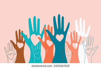 Volunteers, social workers, men and women hold hearts in their palms. Unity, cohesion of a multinational society. Vector.