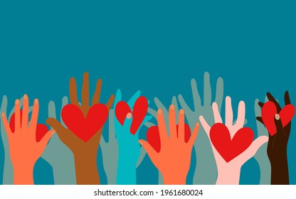 Volunteers, social workers, ordinary people hold hearts in their palms. Unity, cohesion of a multinational society. Charity, voting, donations, social assistance. Blue deep background. Vector graphics