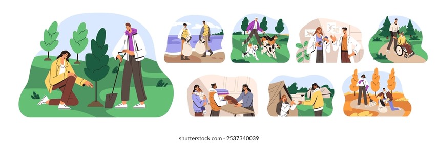 Voluntarios, trabajadores sociales. Ayuda de servicio caritativo, ayuda, Asistencia, cuidado de personas mayores, personas necesitadas, animales, naturaleza. Concepto de caridad, voluntario. Ilustraciones vectoriales aisladas planas en blanco