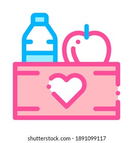 Volunteers Support Food Box Vector Thin Line Icon. Volunteers Support, Help Charitable Organizations, Heart On Package With Apple And Water Bottle Linear Pictogram. Illustration